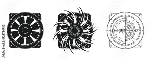 Electric ventilation fan vector set featuring silhouette and technical drawings