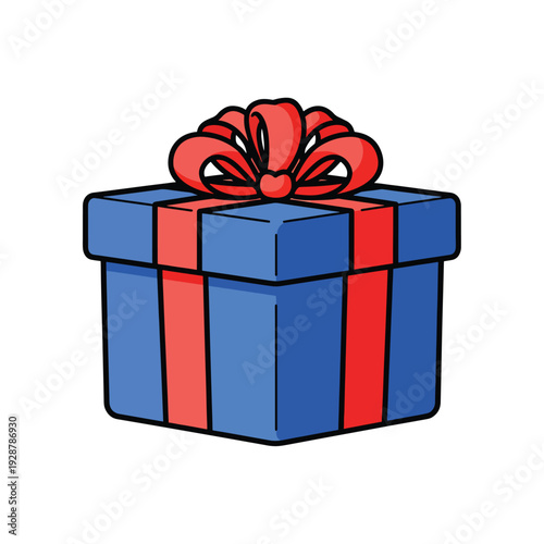 Illustration of a blue gift box with red ribbon and bow, viewed from the front, showcasing a decorative present