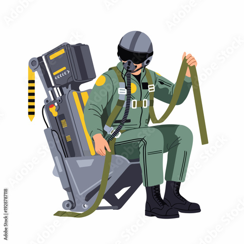 Fighter pilot in flight suit and helmet sitting in an ejection seat, ready for action in a flat vector illustration.