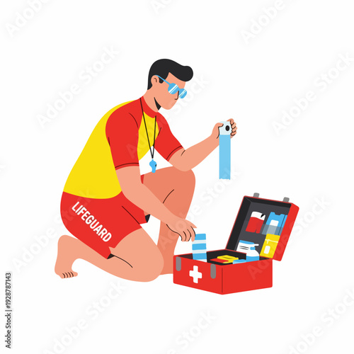 Lifeguard preparing first aid kit, ensuring safety and readiness for emergencies at the pool or beach. A male rescuer organizes medical supplies for help.