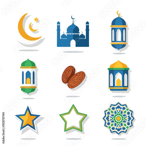 Islamic themed icons with lanterns, mosques, stars, dates, and decorative patterns