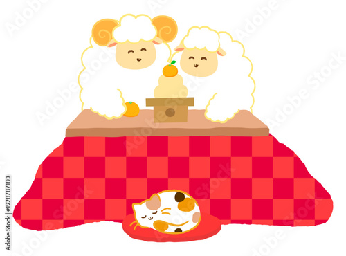 鏡餅とこたつに入る羊2匹と三毛猫の可愛いイラスト。2027年未年の正月・年賀状素材。ベクター。