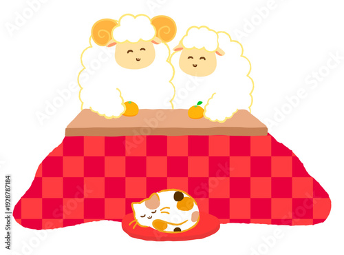 こたつで寛ぐ2匹の羊と三毛猫の可愛いイラスト。みかんと炬燵の冬の団らん。2027年未年年賀状素材