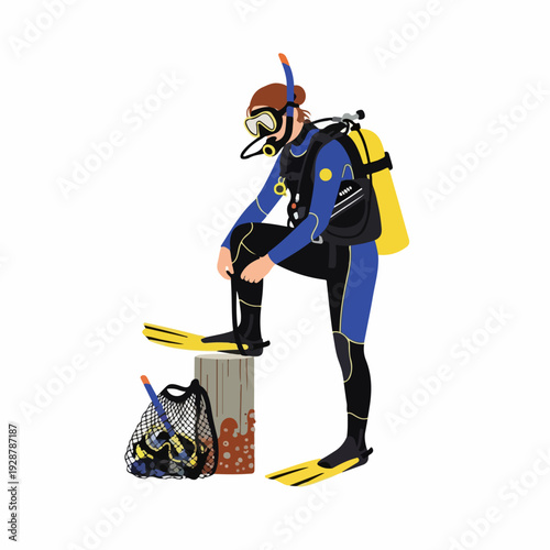 Female diver preparing scuba gear with yellow fins, ready for underwater exploration and adventure, vector illustration.