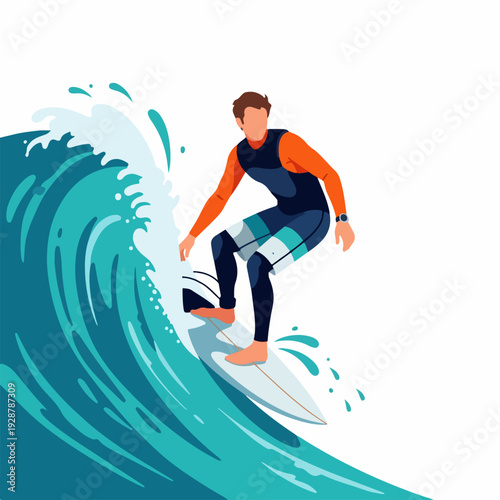 Dynamic vector illustration of a man surfing a powerful turquoise ocean wave, embodying summer extreme water sports and vacation adventure.