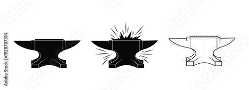 Set of three anvil vector icons isolated on transparent background forging tool