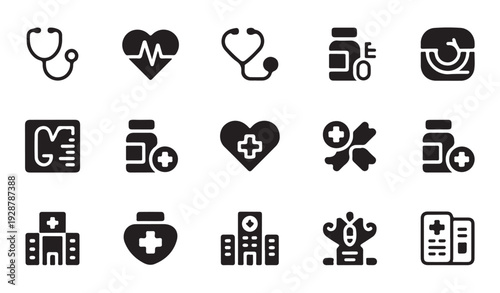 Medical icons solid vector collection. healthcare and medicine glyph set for mobile app and web