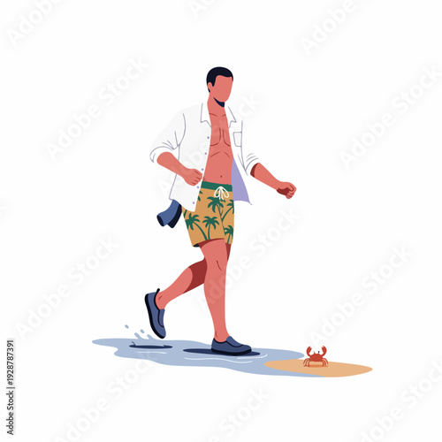Man in tropical shorts and open shirt walks on a sunny beach, encountering a small crab, embodying summer leisure and vacation vibes.