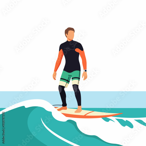Male surfer in wetsuit and board shorts riding a teal wave, a flat vector illustration capturing the essence of water sports and summer adventure.