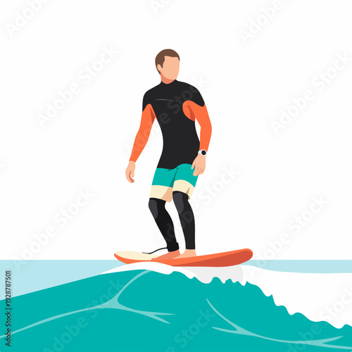 A man in a wetsuit and board shorts confidently rides an orange surfboard on a teal ocean wave, enjoying the summer water sport.