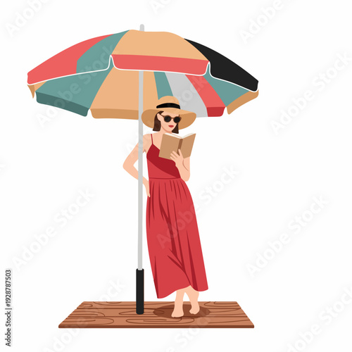 Stylish woman in a red dress and sun hat reading a book under a vibrant beach umbrella, embodying summer leisure and relaxation.
