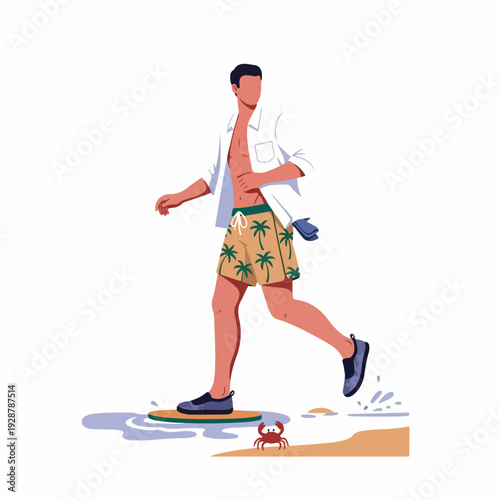 Man in swim shorts and open shirt enjoying a vibrant summer beach day, walking into the water with a skimboard near a crab.
