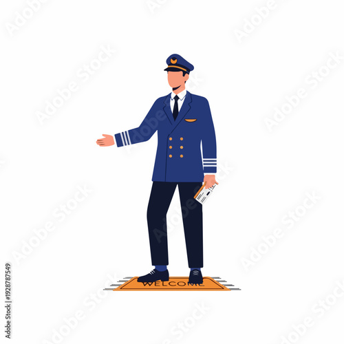 Male airline pilot in full uniform stands on a 'WELCOME' mat, holding tickets and extending a hand, representing professional service and hospitality.