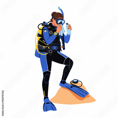 Female scuba diver taking a break, hydrating and cleaning her mask after an ocean adventure, depicted in a vibrant vector illustration.