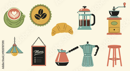 Flat lay illustration of coffee shop items on beige background with colorful kitchenware and appliances