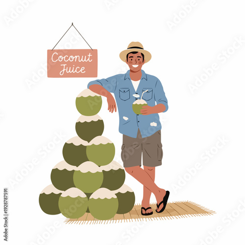 Smiling man in a hat sells fresh coconut juice, leaning on a stack of green coconuts under a 'Coconut Juice' sign, representing a tropical beverage stand.