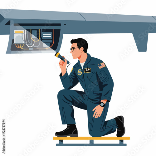 Technician inspecting aircraft wiring with a flashlight, performing maintenance or troubleshooting an electrical system.