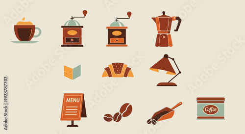 Flat lay illustration of various coffee shop items on a beige background with warm tones