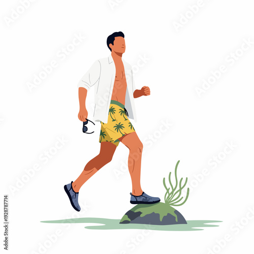 Man in Tropical Swim Shorts and Open Shirt Strolling by the Water, Enjoying a Summer Vacation.