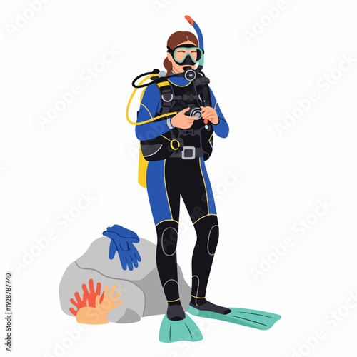 Female scuba diver in full gear preparing for an underwater adventure, standing by marine elements.