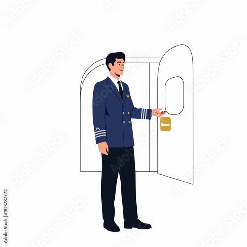 Friendly male pilot in full uniform stands at an open aircraft door, offering a welcoming gesture.