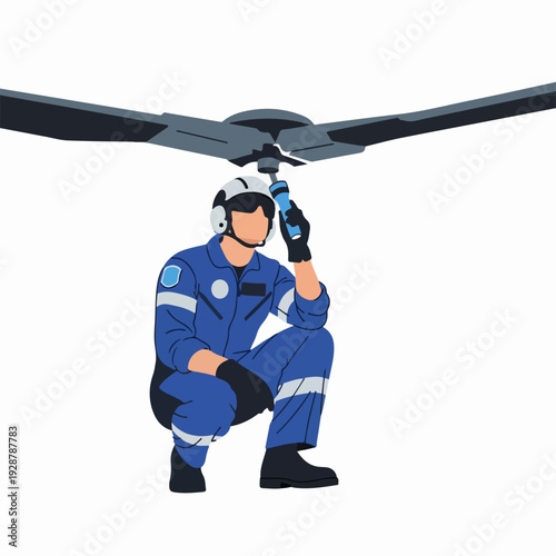 Aviation mechanic in blue uniform and helmet inspecting helicopter rotor blades with a tool, symbolizing professional maintenance and aerospace service.