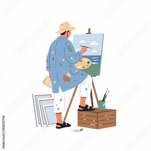 Artist in a hat painting a beautiful landscape on an easel, holding a palette and brush, surrounded by art supplies, showcasing creativity and inspiration.