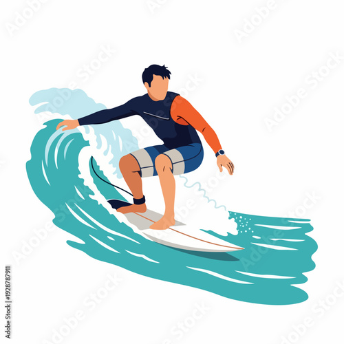 Flat vector illustration of a male surfer riding a vibrant turquoise ocean wave, capturing the thrill of water sports and summer adventure on a surfboard.