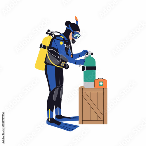 Scuba Diver in Wetsuit Preparing and Maintaining Oxygen Tank with Wrench and First Aid Kit, Ready for Underwater Exploration.