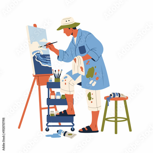 Artist creating a vibrant seascape painting on an easel, surrounded by art supplies, showcasing creativity and passion for art in a modern flat illustration style.