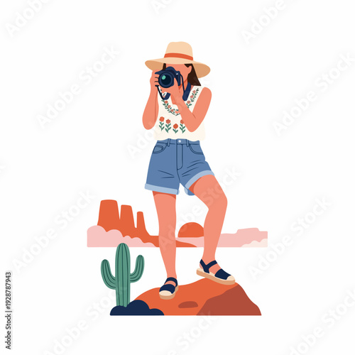 Female tourist capturing desert landscapes with her camera, enjoying a scenic outdoor adventure and travel photography.