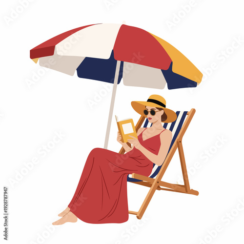 A woman in a red dress and sun hat relaxes in a deck chair under a colorful beach umbrella, enjoying a book during her summer holiday.