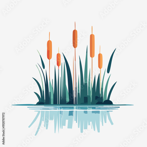 Minimalist Cattails and Reeds with Reflection in Water.