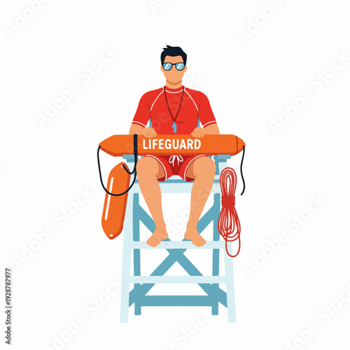 Male lifeguard in red uniform and sunglasses, sitting on a high watchtower with a rescue tube, ready for beach or pool duty.