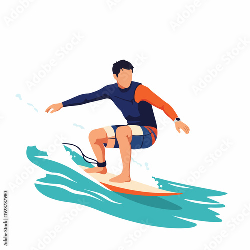 Male surfer riding a vibrant turquoise wave on an orange surfboard in a modern flat illustration style.