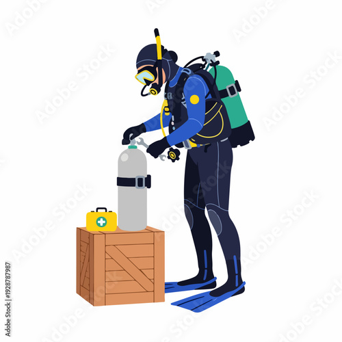 Scuba Diver Preparing Equipment: Adjusting Oxygen Tank with Wrench and First Aid Kit on Crate, Flat Illustration