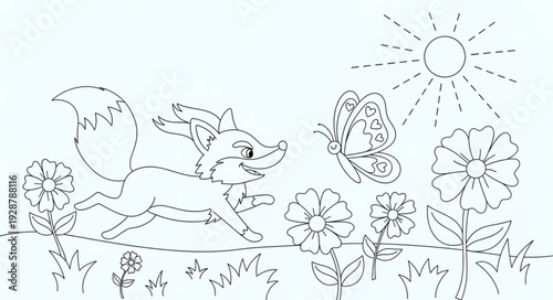 Whimsical Fox Running Through Flowers Under a Sunny Sky.