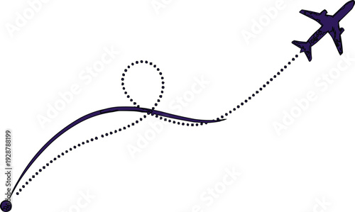 The image presents a stylized illustration of an airplane and its flight path, characterized by a clean and minimal design. The airplane is depicted as a dark blue silhouette, which simplifies 