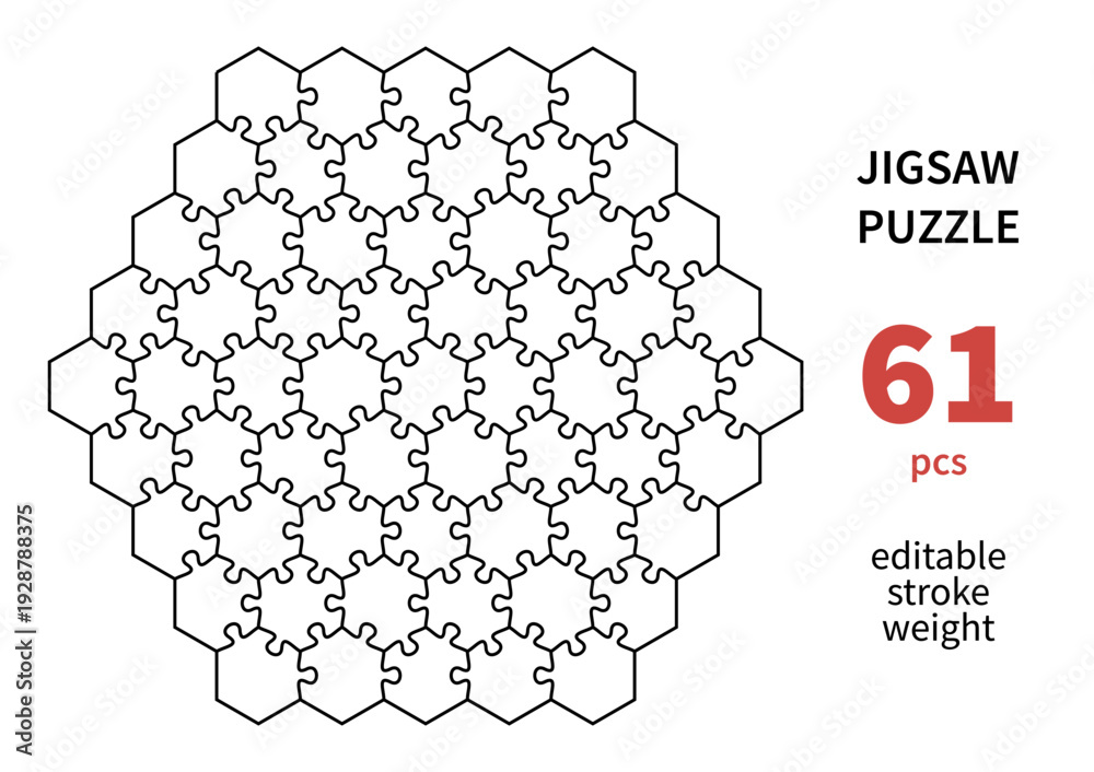 Fototapeta premium Cutting lines grid design jigsaw puzzle. Jigsaw puzzle blank template. 61 pieces. Editable stroke weight. Vector illustration.
