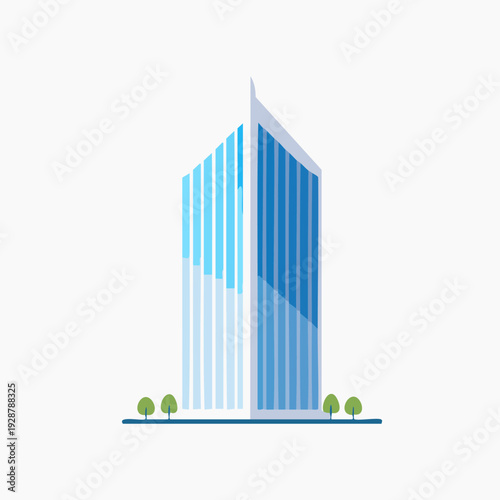 Modern architectural building with blue glass facade and trees.