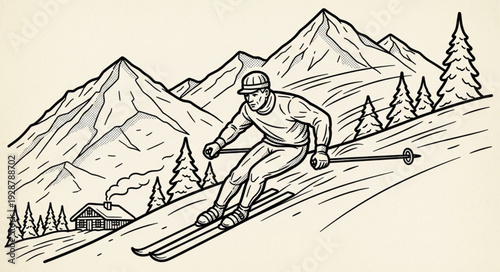 Vintage skier descending a snowy mountain slope with trees and peaks.