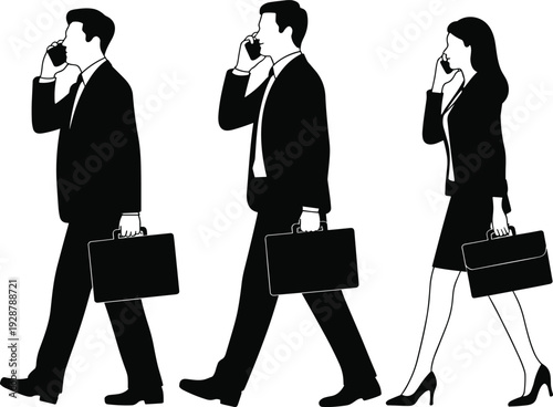 Business professionals walking and talking on smartphone, corporate executives with briefcases in motion, black and white silhouette vector illustration set