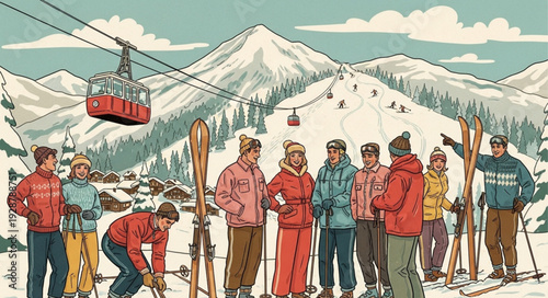Vintage Skiers Gather at Mountain Resort with Cable Cars and Snowy Peaks.