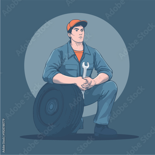 Male mechanic resting with tire and wrench.