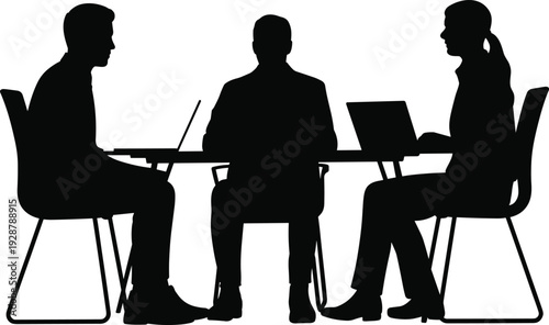 Corporate business meeting silhouettes, professional team discussion at office table with laptops, teamwork collaboration concept black vector illustration