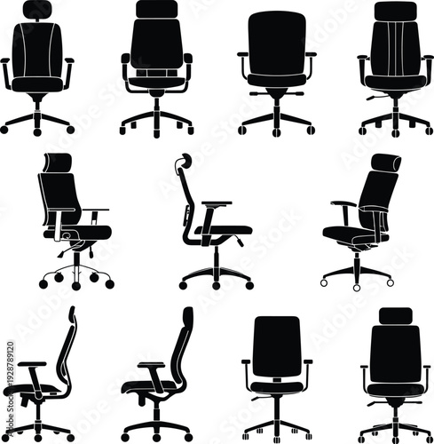 Modern ergonomic office chair collection set, black swivel desk chairs silhouettes isolated on white background, workspace furniture illustration bundle