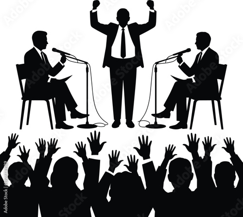Political debate and public speech silhouettes, leader addressing audience with raised hands, press conference concept black vector illustration