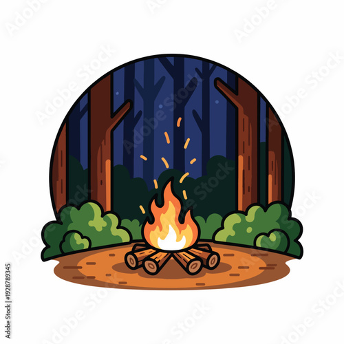 A campfire burns in a forest clearing at night