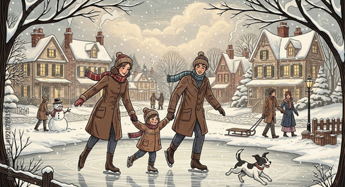 Vintage Family Ice Skating Together on a Frozen Pond in Winter.