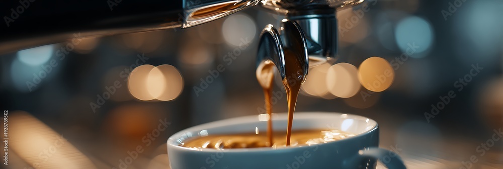 Obraz premium Close-up of Professional Espresso Machine Pouring Fresh Coffee into a White Cup